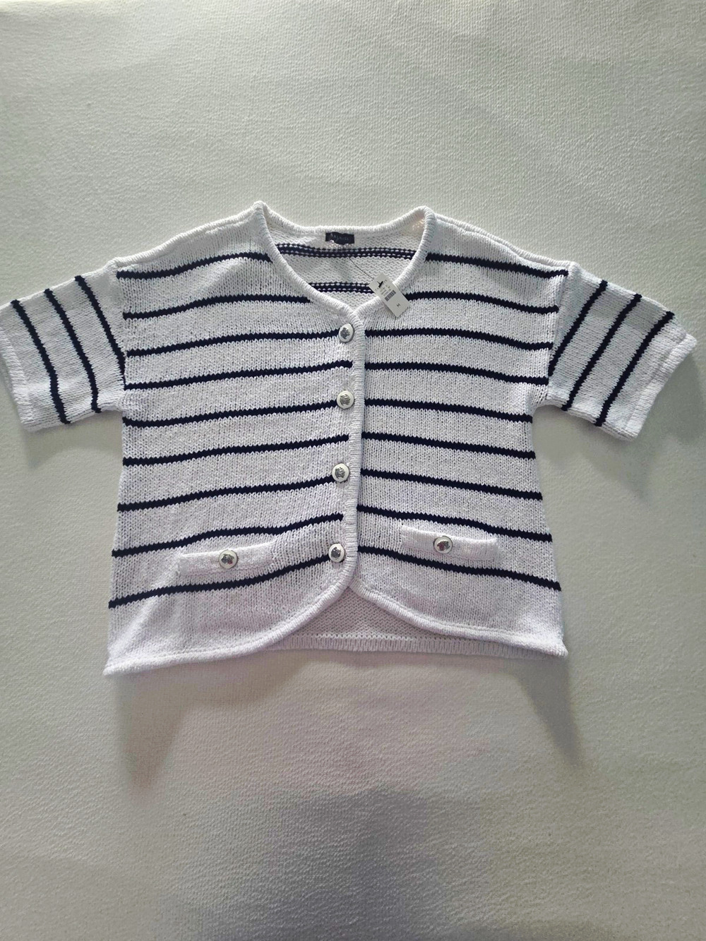 Talbots White/Navy Striped Cotton Knit Cardigan Crew Neck Pockets M